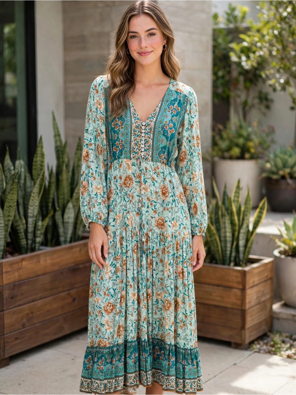 Floral Teal and Tan Women's Dress
#0065